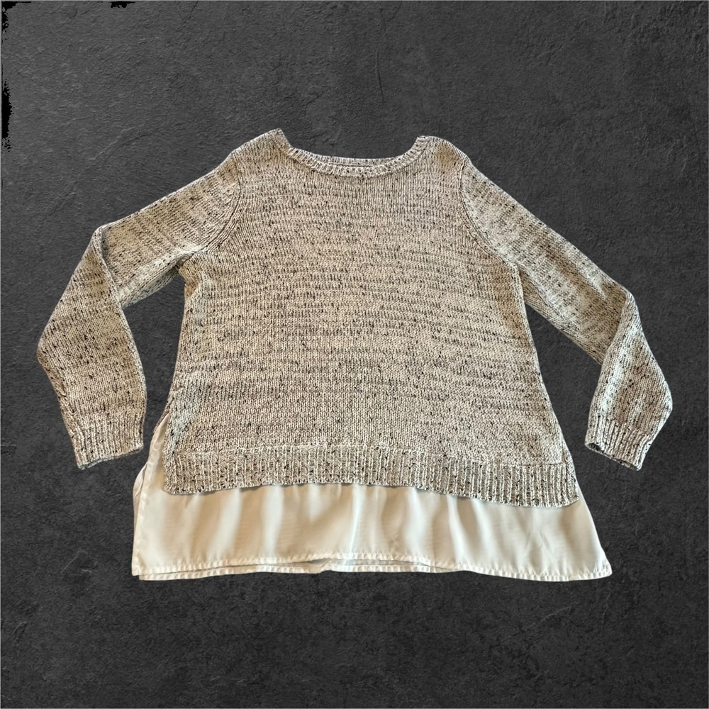 Croft & Barrow Sweater Women XL Grey White Marled Layered Hem Mixed Material Top